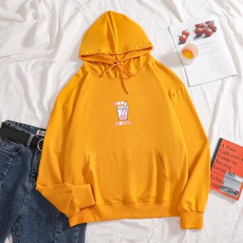Women Cute Pearl Milk Tea Hoodie Plus Size Sweatshirt Oversized Winter Thin Korean Style Pullover Long Sweatshirt Cotton Hooded