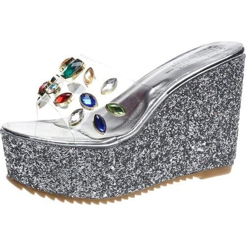 2021Summer Women Decorating Rhinestone High Heel Slippery Fish Mouth Sandals Wedges Slippers Women Cool Colorful Shoes Woman