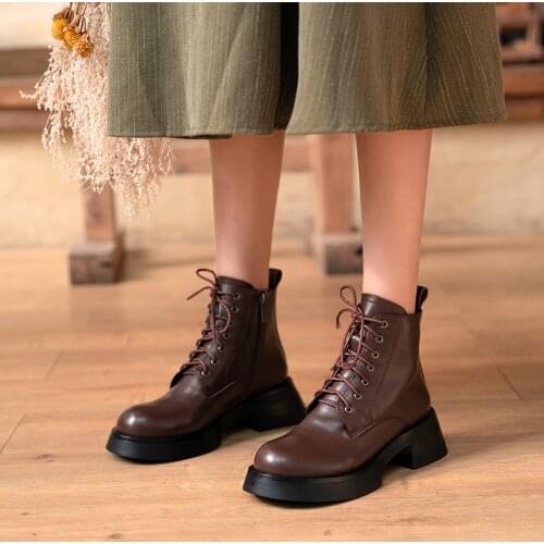 QZYERAI 2021 Women Winter Boots Genuine Leather Platform Black Ankle Boots Motorcycle Thick Heel Platform Boots