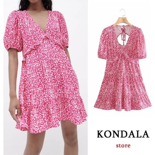 Women Chic Red Leopard Ruffles Mini Dress Za 2021 V Neck Back Hollow Out Sexy Party Dress Vintage Short Sleeve Summer Vestidos