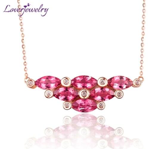 LOVERJEWELRY 18Kt Rose Gold Diamonds Marquise Pink Tourmaline Women Pendants Necklace For Ladies Anniversary Party Jewelry Gift