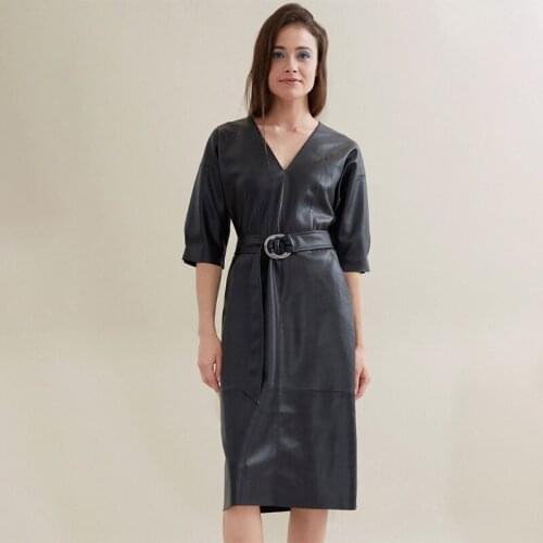Women Vintage Sashes Leather A-line Party Dress Half Sleeve Sexy V neck Solid Elegant Dress 2020 Spring New Fashion Women Dress