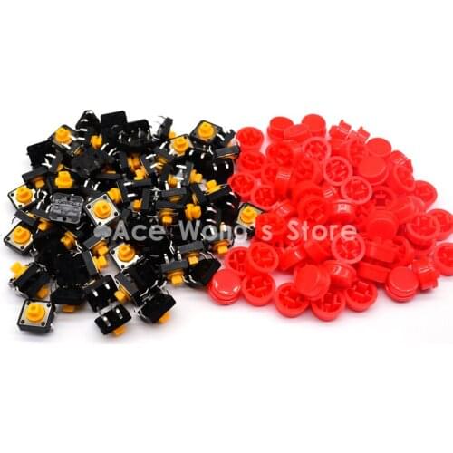 Free shipping,100PCS Tactile Push Button Switch Momentary 12*12*7.3MM Micro switch button + (100pcs Red Tact Cap)