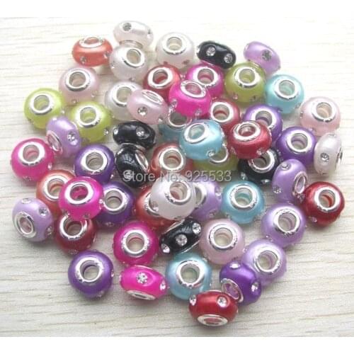 Free Shipping 50pcs 14mm mix color silver plated core acrylic crystal rhinestone big hole beads for European bracelet DIY