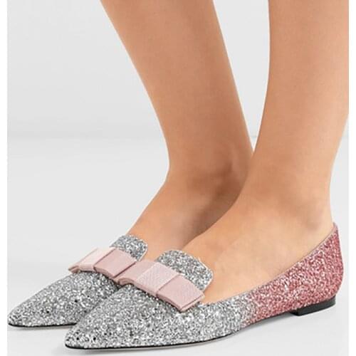 Bling Bling Bowtie Loafer Shoes Poineted Toe Pink Silver Gradient Sequins Flat Shoes Mujer Zapatos Shiny Slip On Outfit Shoes