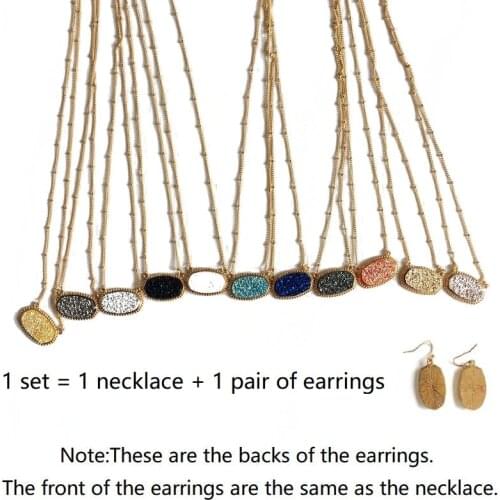 11 Color Large Resin Druzy Drusy Pendant Necklace With Matching Hexagon Druse Charms Drop Earrings Gold Fashion Jewelry Set Gift