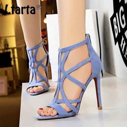LTARTA 11CM Summer Fashion Roman Fine Heel Suede Womens Shoes Super High Heel Hollow Sexy Nightclub Fish Mouth Sandals DS