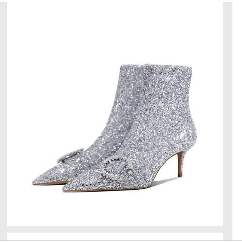 Silver short boots women 2021 winter new bride crystal wedding stilettos banquet dress custom wedding boots