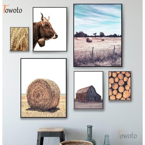 Countryside Landscape Posters and Prints Straw Cow Print Wooden Farm House Poster Modern Wall Art Pictures Kitchen Wall Decor