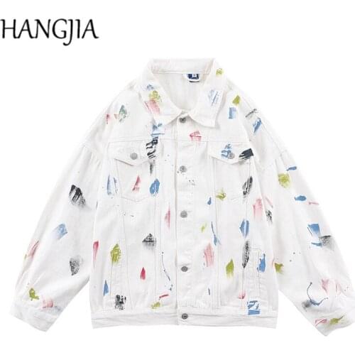 Swag Men Splash Ink Graffiti streetwear Jeans Jacket Black White Printed Jeans Jacket Hip Hop Hand Painted Denim Jackets Women