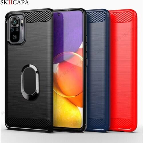 Brushed Carbon Fiber Camera Protective Phone Case For Redmi Note 10 Pro Max K40 Note 9 9T 9C 9A Shockproof Cover with Ring Stand