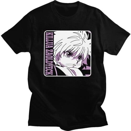 Classic Anime Hunter X Hunter T Shirt for Men Pure Cotton Tshirt Manga T-shirt Sleeve Killua Zoldyck Tee Fitted Clothing Gift
