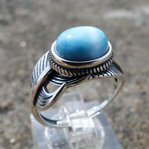 Beautiful Antique Designs 925 Sterling Silver Natural Larmar Leaf Ring Engagement Wedding Resizable Ring For Gift