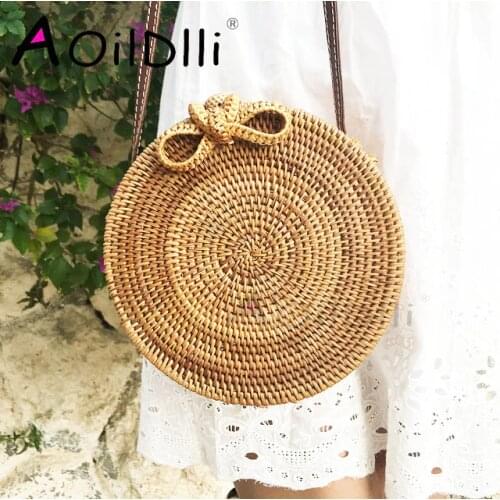 Round Straw Bags For Women Summer Beach Shoulder Bag Rattan Handmade Woven Crossbody Circle Bag Bohemia bowknot Handbags Bali