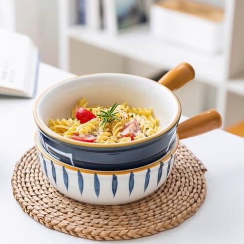 MDZF SWEETHOME 6/8inch Ceramic Glaze Baking Bowl With Handle Blue Soup Salad Bowl Heat-Resistant Lasagna Pan Round Bakeware Tool