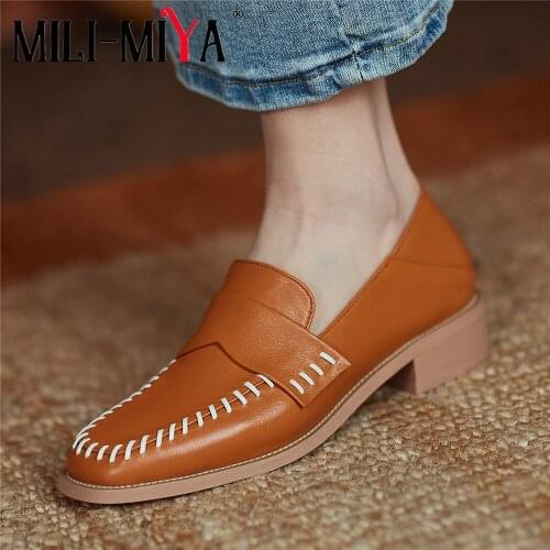 MILI-MIYA Concise Design Women Cow Leather Casual Pumps Slip On Round Toe Solid Color Office Career Shoes Plus Size 34-48