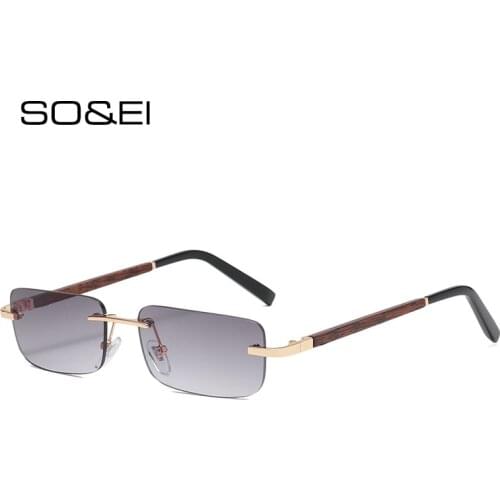 SO&EI Fashion Small Rectangle Rimless Gradient Sunglasses Women Vintage Wood Grain Eyewear Men Square Sun Glasses Shades UV400