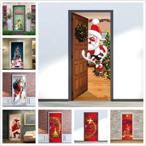 Santa Claus and Elk Stickers on the Doors PVC Peel and Stick Wallpaper Living Room Kids Room Poster Christmas Decals Home Decor