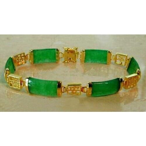Natural Emerald Green Jade 18KGP Fortune Longevity Luck Link Bracelet 7.5"