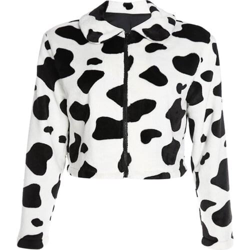 New Women Cow Print Jacket Modis Fur Coats Long Sleeve Zipper Casual Warm Autumn Winter Female Short Tops Girl Clothes