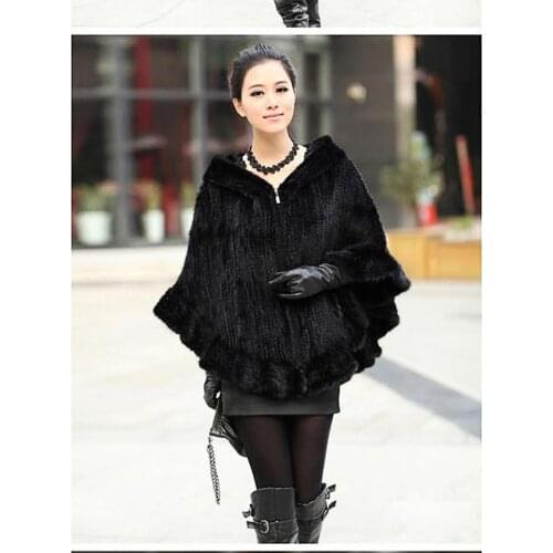 New womens real genuine natural knitted mink fur shawl coat fashion knit jacket with hood cape