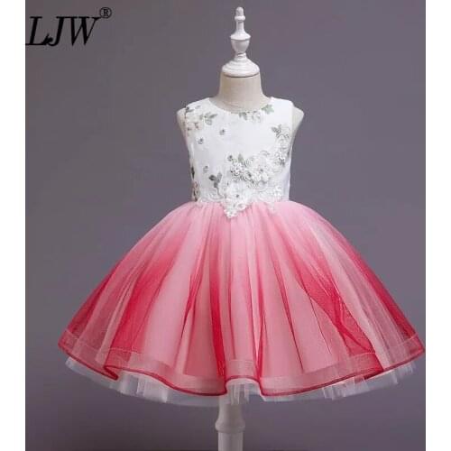 New Year Applique beaded Formal Sleeveless Wedding Gown Tutu Princess Dress Flower Girls Children Kids Party For Girl Clothes