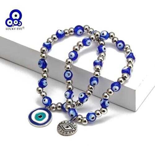 Lucky Eye Blue Turkish Evil Eye Beads Charm Bracelet Adjustable Silver Color Beaded Bracelet for Women Girls Men Jewelry BE159