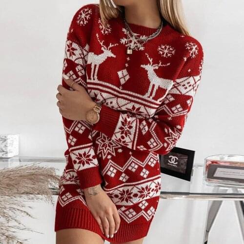 Womens Pullovers Christmas Sweater Snowflake And Elk Pattern Round Collar Knitted Tops Black/ Red Womens Sweatshirts Xmas Wear
