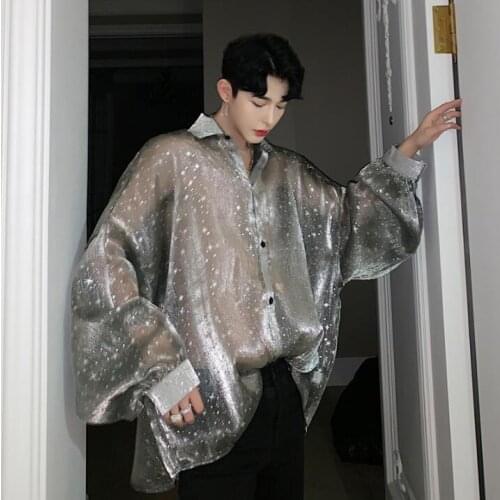 New Men Bat Long Sleeve Star Transparent Oversize Loose Casual Shirts Male Streetwear Hip Hop Punk Gothic Party Night Club Shirt