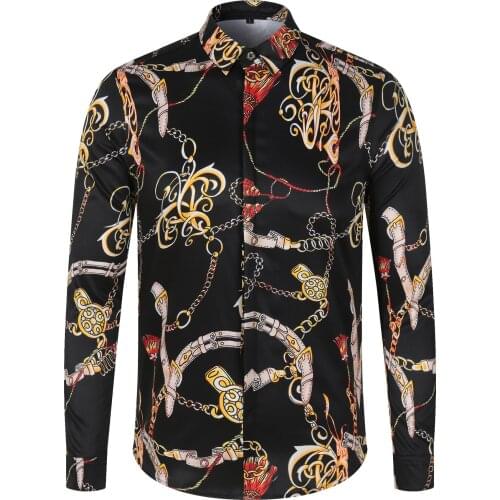 Luxury Royal Black Shirts Men Casual Long Sleeve Men Digital Printing Shirt Camisa Social Masculina Manga Longa Prom Party Shirt