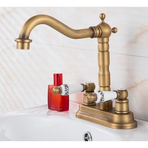 Bathroom Basin Faucet Solid Antique Brass & Ceramics Sink Mixer Tap Hot & Cold Lavatory Crane Dual Handle Rotatable Deck Mounted