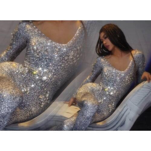 Sexy Rhinestone Party Jumpsuit Women Stretch Skinny Prom Crystal Rompers Nightclub Dancer Bodysuit Stage Performance Costumes