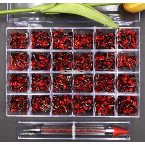 Glass Nail Crystals Bling Box-Red 24 grid Box with 1pc Dotting+AB Crystal Rhinestones Box Clear Multi-Shape Flat Back Nail Gem