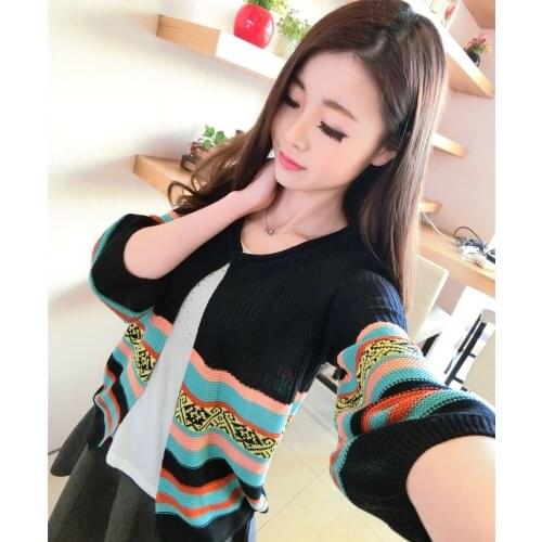 Spring Retro Three Quarter Sleeve Cardigan Stripe Sweater Lantern Sleeve Thin Short Jacket