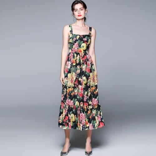 Women Summer Fashion Plus Size S-2XL Casual Elegant Flower Printing Long Runway A Line Dress
