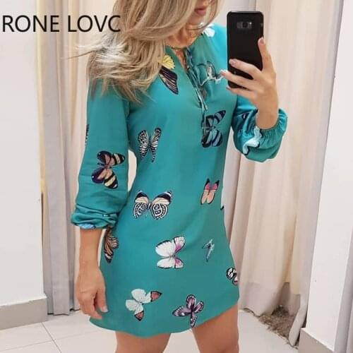 Women Butterfly Print Tie Front Long Sleeve Dress Elegant Fashion Chic Dress