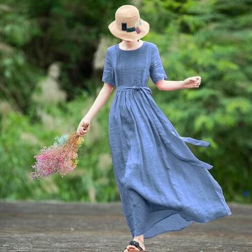 2021 Cotton Linen Holiday Long Dress Femme Summer New Arts Style Women Short Sleeve High Waist Slim Maxi Dress Vintage
