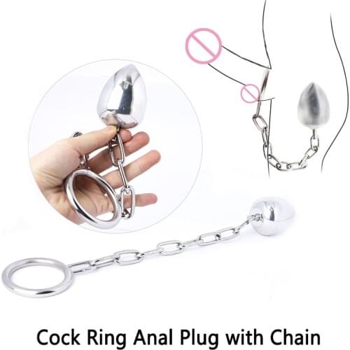 2 IN 1 Stainless Steel Anal Plug with Cock Ring Male Penis Ring Chastity Device Belt with Chain Adult Game Anal Sex Toys for Men