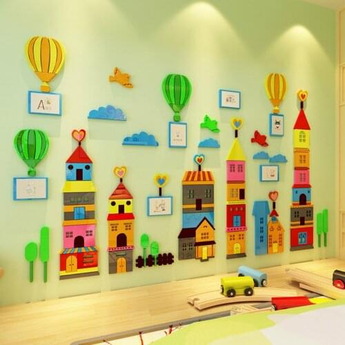 3D Wall Stickers Cartoon Building Block House Wall Sticker Kindergarten Kids Room Decoration Stickers Home Decor Wall Decor