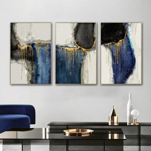 Abstract Blue Golden Posters and Prints Canvas Painting Wall Art Pictures for Living Room Nordic Quadros Black Modern Home Decor