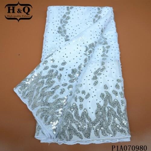 H&Q white african lace fabric with silver sequins 5 yard a piece nigerian french tulle nesh lace sewing for wedding dress fabric