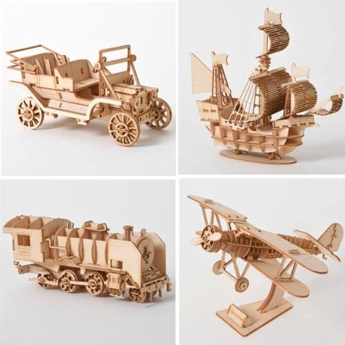 3D Wooden Puzzle Model DIY Handmade Mechanical toys for Children Adult Model Kit Game Assembly Model ships train airplane