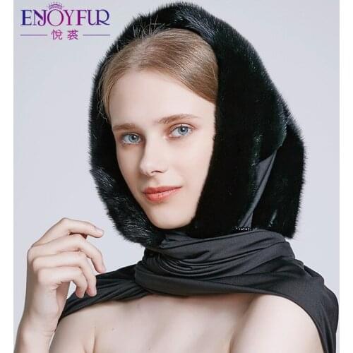 ENJOYFUR Real Mink Fur Hats For Winter Womens Fur Scarf And Caps Thick Warm Elegant Mink Beanies Russia Style