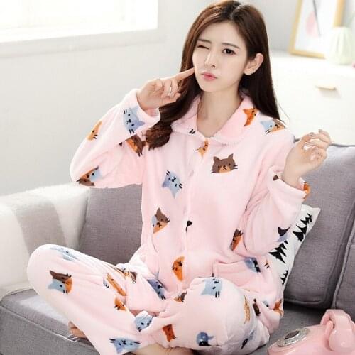 Girls Fleece Sleepwear Female Winter Flannel Suite Coral Velvet Pajamas Female Students Leisure Warm Homewear Long Sleeve D-2052
