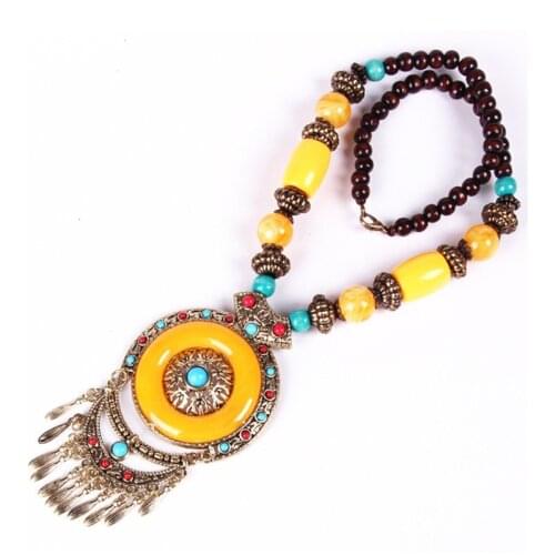 Classic Ethnic Long Vintage Tassel Pendant Necklaces Bohemia Natural Stones Flower Statement Necklaces for Women Jewelry