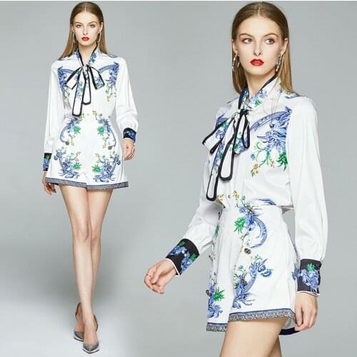 Fashion Designer Blue Flower Print Shorts Two Piece Set Women Short Sleeve Bow Collar Shirt Top + Pocket Wide Leg Shorts Set