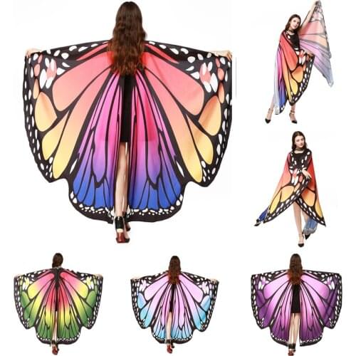 Colorful Butterfly Wings Pashmina Girls Fabric Nymph Pixie Poncho Scarf Ladies Halloween Fairy Costumes Accessory Shawl
