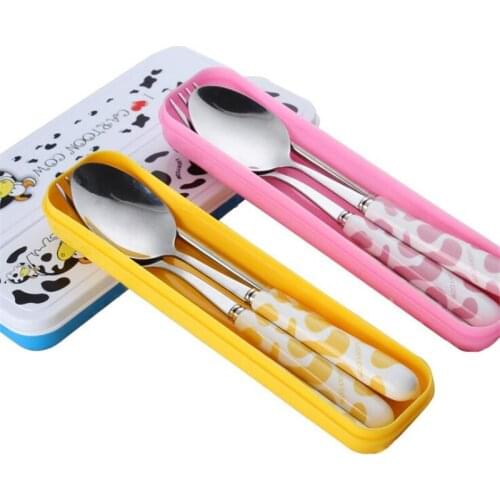 Baby Kids Cute Fork Spoon Cutlery Set Cartoon Ceramic Handle Stainless Steel Children Chopsticks Fork Cutlery Portable Tableware