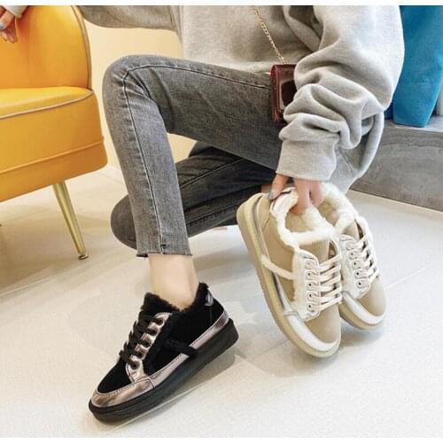2020 New Casual Cotton Shoes Flat Women Winter Warm Lace-Up Furry Short Boots Round Toe Plush Snow Boots Fashion Bottes Femmes