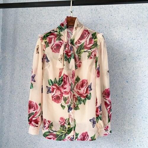 2021 New Contrast Printing Shirt Stand-Up Collar Lantern Long-Sleeved Shirt Rose Flower Bowknot Shirt Retro Elegant Loose Blouse